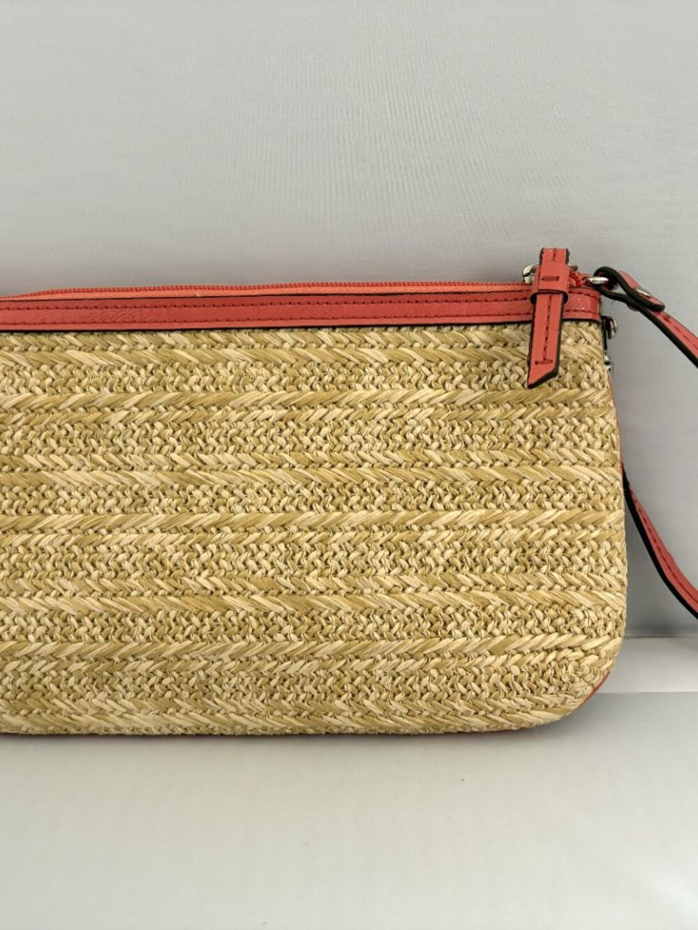 Coach Wristlet Hampton Natalia Coral and Tan Straw/Leather with Floral Appliqué - Picture 2 of 6